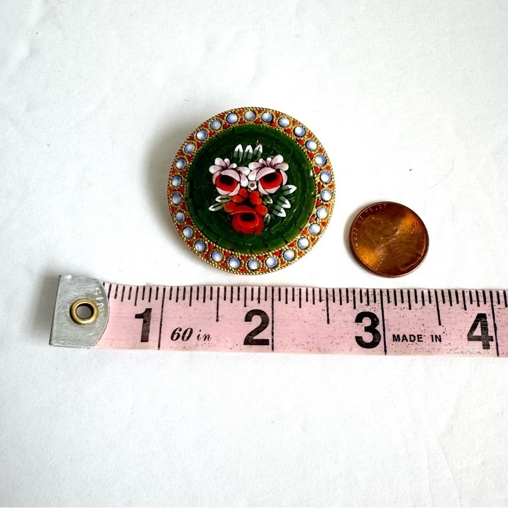 Vintage Micro Mosaic Brooch Green Rose Pin Signed Italy Italian Florentine - Picture 10 of 10